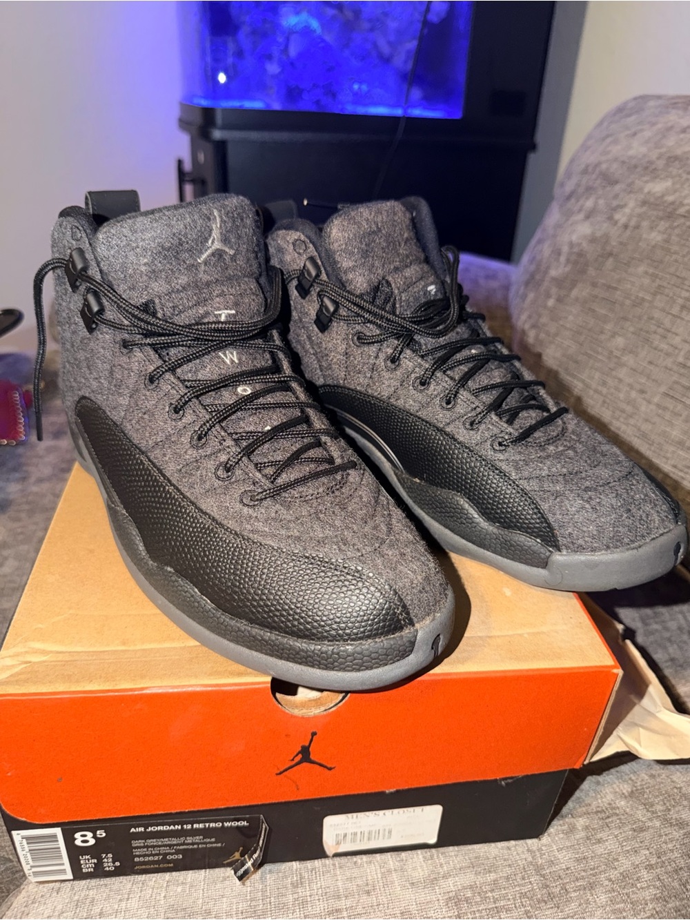 Air Jordan 12 Retro Wool Dark Grey Metallic Silver Men’s Size 8.5